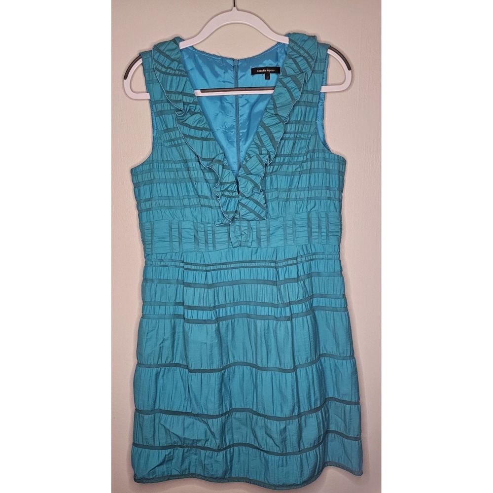 Nanette Lepore Sleeveless Dress Size 12 Turquoise Ruffle Bow Textured V-Neck